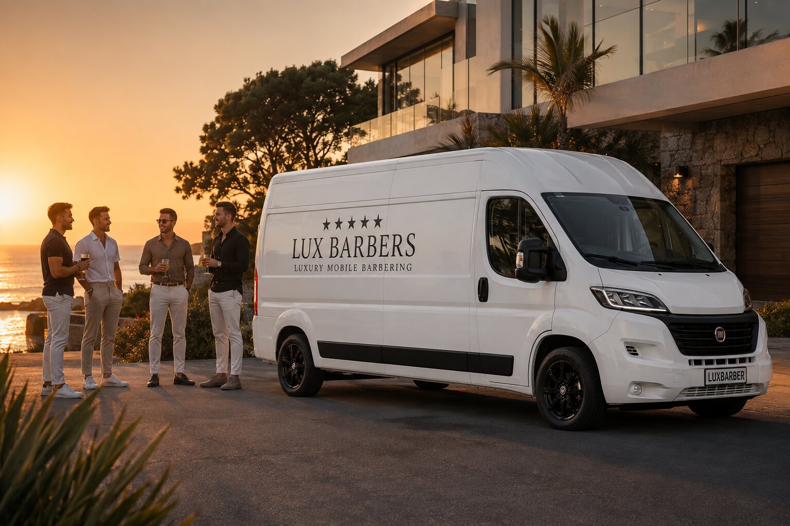 A bachelor party group at the Lux Barbers van at a coastal house