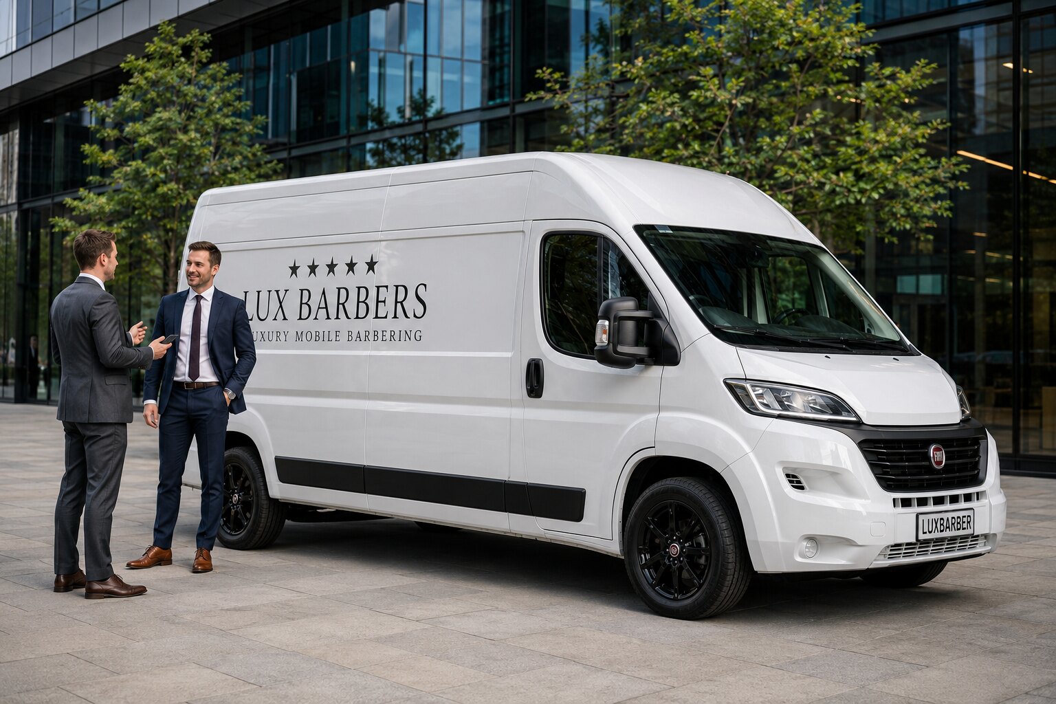 The Lux Barbers van outside a corporate office building