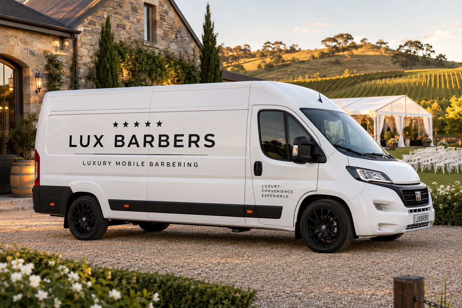 The Lux Barbers van at a vineyard wedding estate — marquee and ceremony set up behind