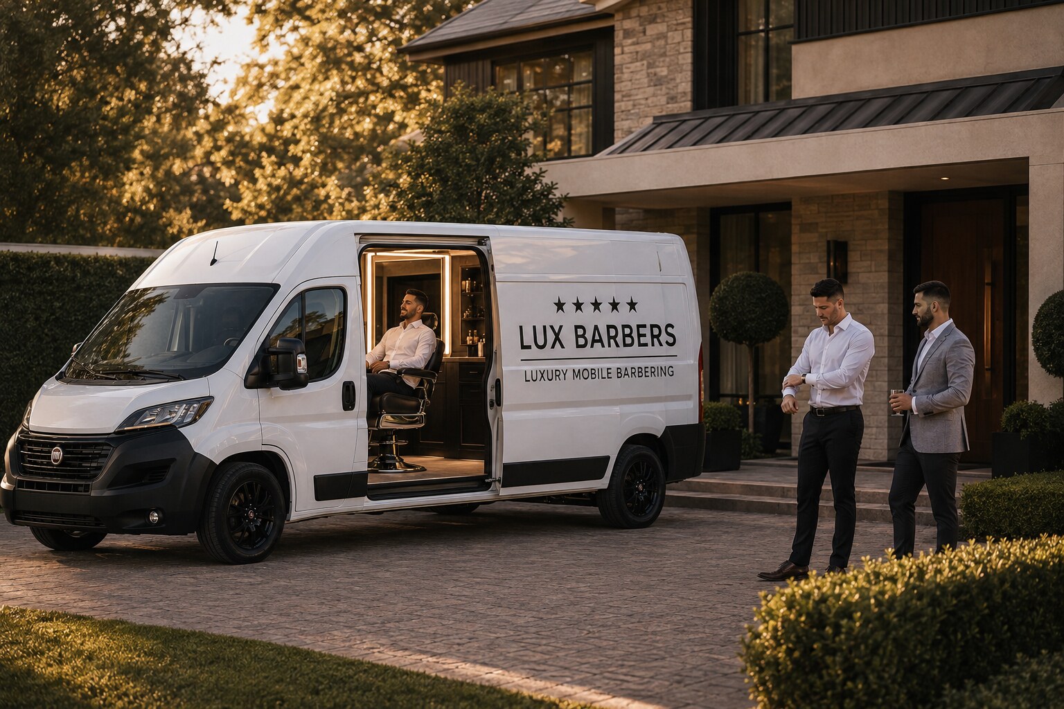 Inside the Lux Barbers van at a private home — a guest in the barber chair, studio door open, while the group gets ready