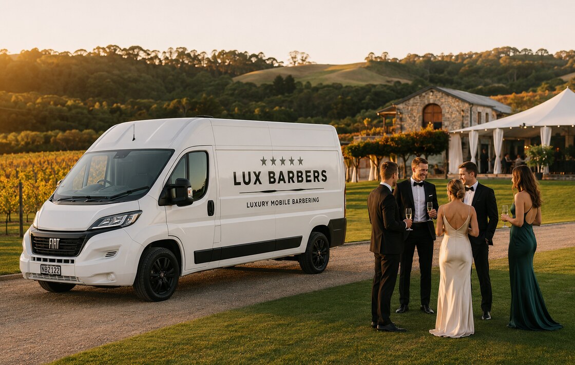 The Lux Barbers van parked at a vineyard wedding estate with guests in formalwear nearby