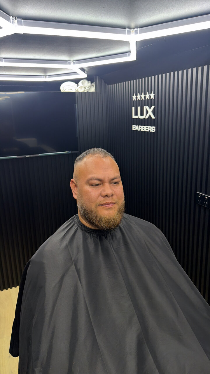 Beard shape-up and cut for an older client, Lux Barbers
